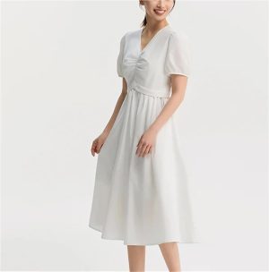 Women's V Neck Puff Sleeve Slim Fit Midi Dress Solid Color Sweet Style Summer Fashion Dresses