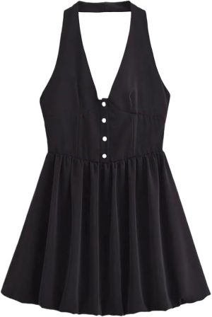 Women's Summer Sexy Halter Neck Sleeveless Flowy Dress Evening Party Beach Cocktail Casual A-Line Skirt