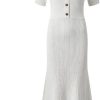 Women's Knit Fishtail Dress Summer Hollow Out Slim Waist Short Sleeve V-Neck Solid Long Dresses