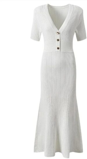 Women's Knit Fishtail Dress Summer Hollow Out Slim Waist Short Sleeve V-Neck Solid Long Dresses