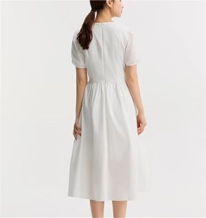 Women's Summer V Neck Puff Sleeve Midi Dress Solid Color Slim Fit Sweet Style Fashion Dresses