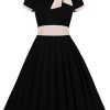 Women's Pleated Cotton Midi Dress Vintage High Waist Bow Tie Neck Pocket Swing Sundress Party Dresses