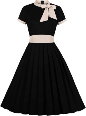 Women's Pleated Cotton Midi Dress Vintage High Waist Bow Tie Neck Pocket Swing Sundress Party Dresses