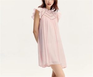 Women's Summer Hollow Out Textured Dress Gentle Ruffle Trim Flutter Sleeve Casual Dresses