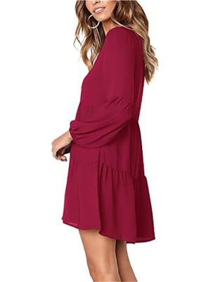 41eODnVYUwL.jpg Women's Solid V-Neck Lantern Sleeve Casual Dress Flowy Swing Shift Loose Comfortable Dresses