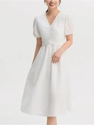 Women's V Neck Puff Sleeve Slim Fit Midi Dress Solid Color Sweet Style Summer Fashion Dresses