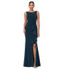 Women's Long Sleeveless Boat Neck Ruffle Side Slit Scuba Crepe Gown