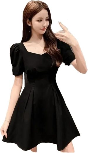 Women's Summer Retro Sexy Backless Dress Square Collar Small Puff Sleeves Slimming Short Dresses
