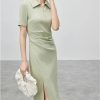 Women's Solid Polo Shirt Dress Summer Short Sleeve Split Cinched Waist A-Line Midi Dresses