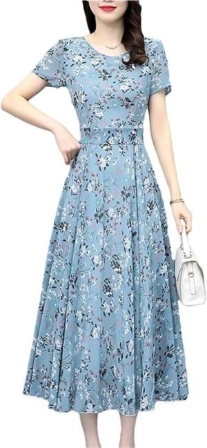 Women's Boho Chiffon Floral Summer Beach Dress Short Sleeve Bodycon Long Party Dress