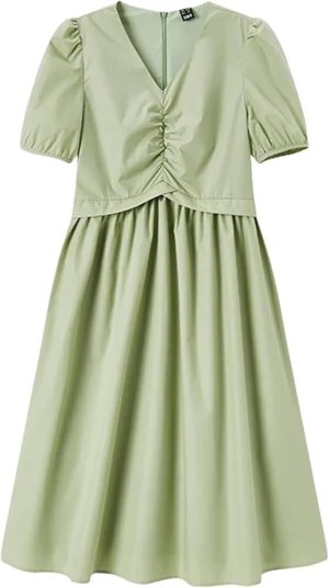 Women's V Neck Puff Sleeve Slim Fit Midi Dress Solid Color Sweet Style Summer Fashion Dresses