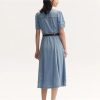 Women's Square Neck Long Denim Dress Summer Vintage Waist Strap Half Sleeve Trendy Jean Dresses