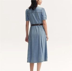 Women's Square Neck Long Denim Dress Summer Vintage Waist Strap Half Sleeve Trendy Jean Dresses