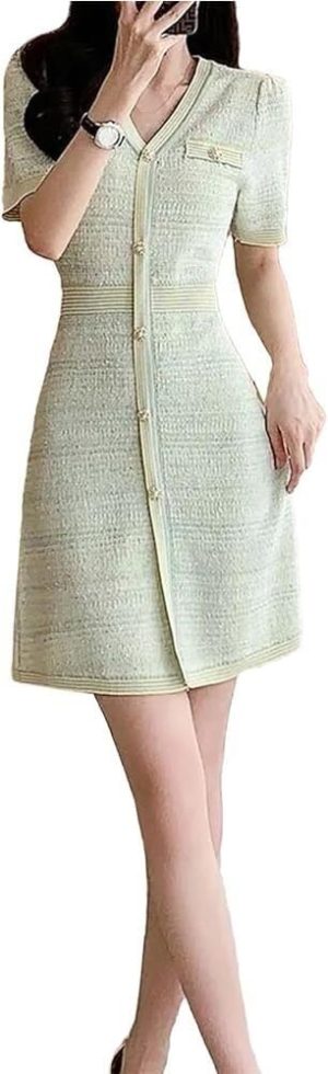 Women's Short Sleeve Knit Dress 2025 Fashion Summer V-Neck Slim Single Breasted A-Line Office Dresses