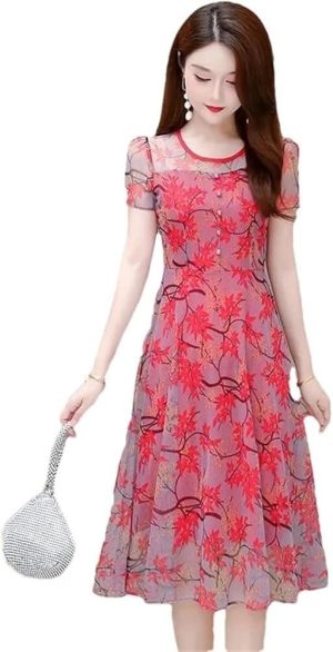 Women's Plus Size Print Mesh Midi Dress Short Sleeve A-Line Knee-Length Summer Dress