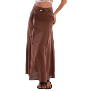 51MBW-7BzIL.jpg Women's 100% Linen A-line Maxi Skirt with Matching Belt Summer Casual