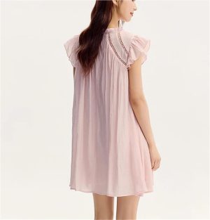 Women's Summer Hollow Out Textured Dress Gentle Ruffle Trim Flutter Sleeve Casual Dresses