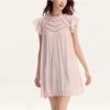Women's Summer Hollow Out Textured Dress Gentle Ruffle Trim Flutter Sleeve Casual Dresses
