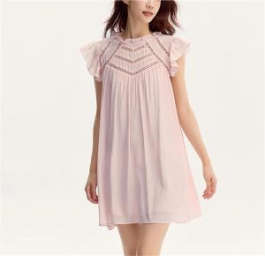 Women's Summer Hollow Out Textured Dress Gentle Ruffle Trim Flutter Sleeve Casual Dresses