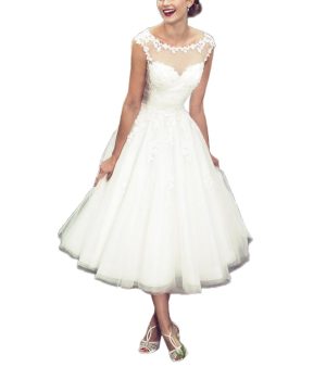 Women's Elegant Sheer Vintage Short Lace Wedding Dress for Bride