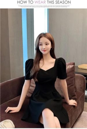 Women's Summer Retro Sexy Backless Dress Square Collar Small Puff Sleeves Slimming Short Dresses