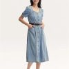 Women's Square Neck Long Denim Dress Summer Vintage Waist Strap Half Sleeve Trendy Jean Dresses