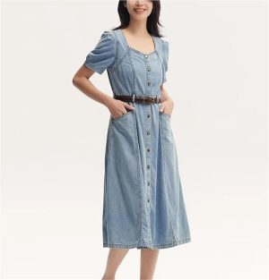 Women's Square Neck Long Denim Dress Summer Vintage Waist Strap Half Sleeve Trendy Jean Dresses