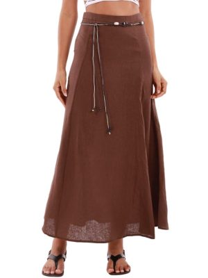 Women's 100% Linen A-line Maxi Skirt with Matching Belt Summer Casual
