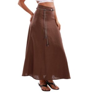 51bxLUKhjL.jpg Women's 100% Linen A-line Maxi Skirt with Matching Belt Summer Casual