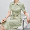 Women's Solid Polo Shirt Dress Summer Short Sleeve Split Cinched Waist A-Line Midi Dresses