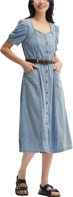Women's Square Neck Long Denim Dress Summer Vintage Waist Strap Half Sleeve Trendy Jean Dresses