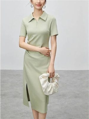 Women's Solid Polo Shirt Dress Summer Short Sleeve Split Cinched Waist A-Line Midi Dresses