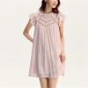 Women's Summer Hollow Out Textured Dress Gentle Ruffle Trim Flutter Sleeve Casual Dresses