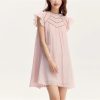 Women's Summer Hollow Out Textured Dress Gentle Ruffle Trim Flutter Sleeve Casual Dresses