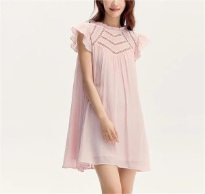 Women's Summer Hollow Out Textured Dress Gentle Ruffle Trim Flutter Sleeve Casual Dresses