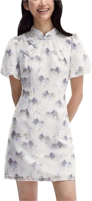 Women's Floral Embroidery Print Cheongsam Dress Summer Bubble Sleeves Buttoned Traditional Chinese Dresses