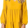 Women's Solid V-Neck Lantern Sleeve Casual Dress Flowy Swing Shift Loose Comfortable Dresses