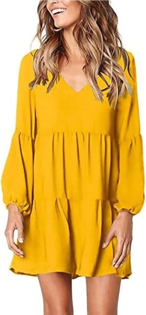 Women's Solid V-Neck Lantern Sleeve Casual Dress Flowy Swing Shift Loose Comfortable Dresses