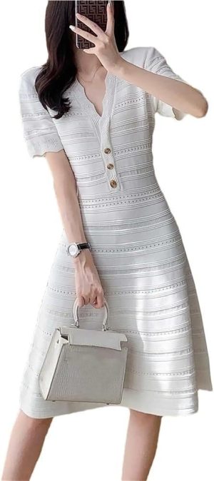 Women's French Knitted Slim A-Line Dress V Neck Short Sleeve Button Hollow Out Sweater Summer Dresses
