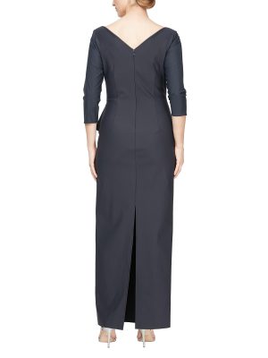 Women's Slimming Long Length ¾ Sleeve Mother of The Bride Dress with Cascade Ruffle Skirt and Side Ruching