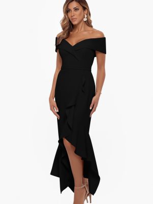 Women's Sweetheart Neckline Off-Shoulder Crepe Midi Dress with Hanky Hem
