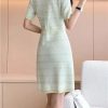 Women's Short Sleeve Knit Dress 2025 Fashion Summer V-Neck Slim Single Breasted A-Line Office Dresses