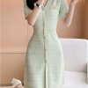 Women's Short Sleeve Knit Dress 2025 Fashion Summer V-Neck Slim Single Breasted A-Line Office Dresses