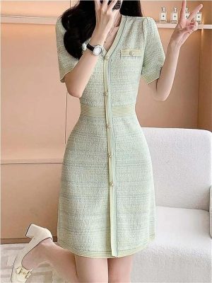 Women's Short Sleeve Knit Dress 2025 Fashion Summer V-Neck Slim Single Breasted A-Line Office Dresses