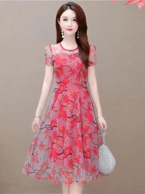Women's Plus Size Print Mesh Midi Dress Short Sleeve A-Line Knee-Length Summer Dress