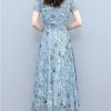 Women's Boho Chiffon Floral Summer Beach Dress Short Sleeve Bodycon Long Party Dress