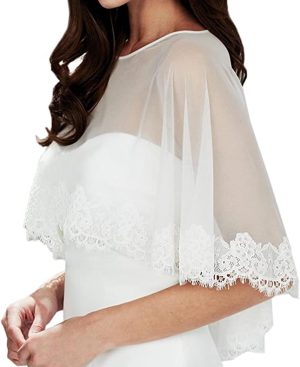 Women Lace Shawl Wrap for Bride with Embroidered Lace Tulle Wedding dress cover up