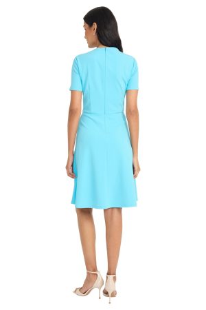 Women's A-line Short Sleeve Gathered Neckline Knee Length Business Casual Cocktail Wedding Guest Dress