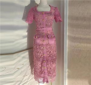 Women's Floral Embroidery Bodycon Lace Dress Bow Neck Short Sleeve Midi Summer Evening Party Dresses