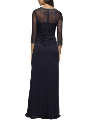 Women's Long A-line Mother of The Bride Dress with Illusion Neck and Sleeves (Petite and Regular Sizes)